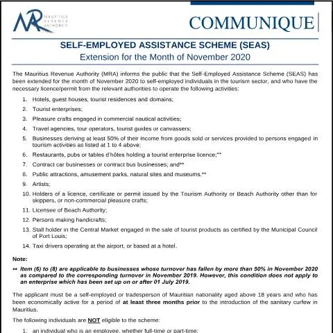 Document preview: Mauritius Self-Employed Assistance Scheme (SEAS) Update — Work & employment (CERFA n°CommuniqueSEAS271120)