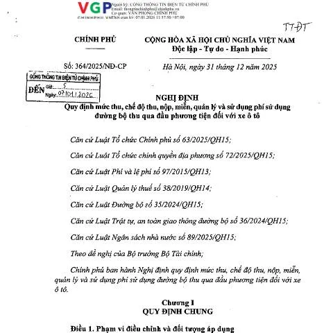 Document preview: Nghị định 364/2025/NĐ-CP: Quy định mới về phí đường bộ — Thủ tục hành chính (CERFA n°364/2025/NĐ-CP)