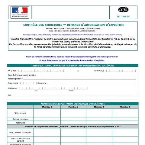 Aperçu du document Contrôle des structures agricoles : obtenir son autorisation — Démarches administratives (CERFA n°11534*04)