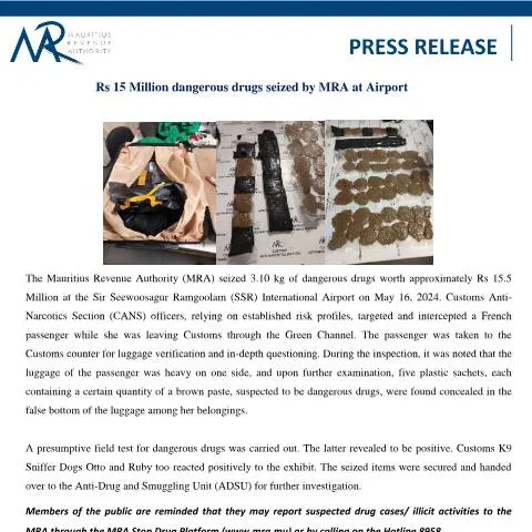 Document preview: Significant Drug Seizure at Mauritius Airport by MRA — Government & admin (PressRelease15M160524)