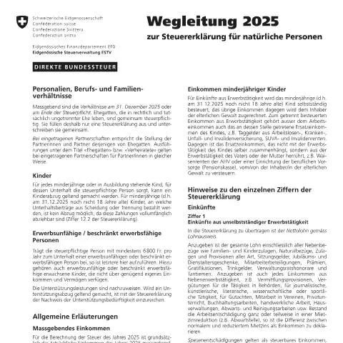 Dokumentvorschau: Wegleitung zur Steuererklärung 2025 für natürliche Personen — Steuern (2a)