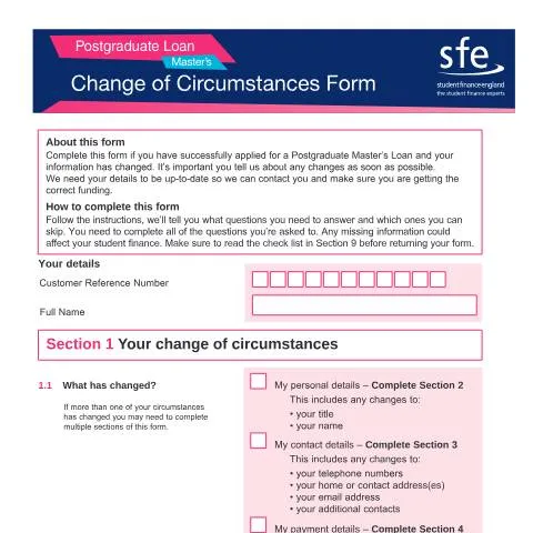 Document preview: Understanding Your Change of Circumstances for Postgraduate Loans — Work & employment