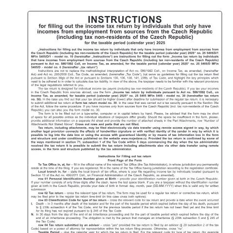 Document preview: Jak správně vyplnit Přiznání k dani z příjmů fyzických osob v ČR — Daně a fiskální záležitosti (CERFA n°25 5405/D/1a)
