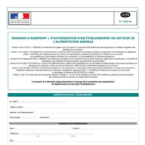 Aperçu du document Autorisation d'établissement en alimentation animale : guide complet — Démarches administratives (CERFA n°15095*04)