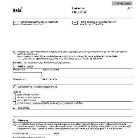 Document preview: Elatustuki: Hakemus ja sen merkitys perheille — Hallinnolliset asiat (CERFA n°Kela LU 1)