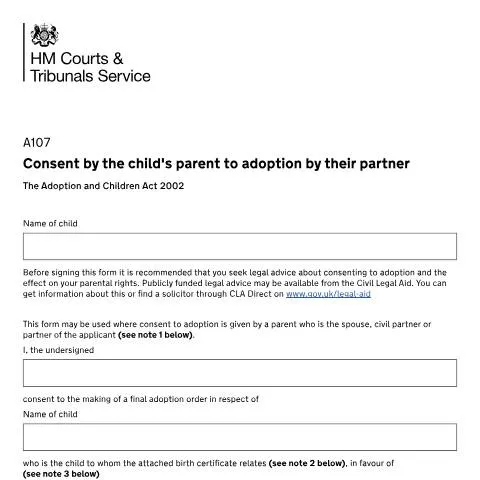 Document preview: Understanding UK Form A107 for Parental Consent in Adoption — Family