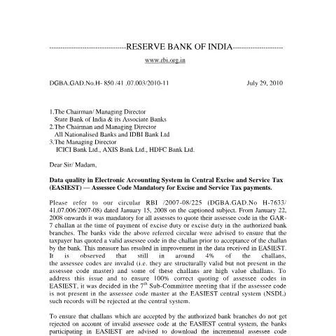Document preview: Understanding RBI Circular of July 29, 2010: Ensuring Data Accuracy in — Taxes (CERFA n°RBI circular dt 29-07-2010)