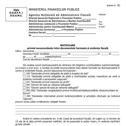 Document preview: Neconcordanțe fiscale: Notificarea A5f_A5_OPANAF_3289_2017 — Impozite & fiscalitate (CERFA n°A5f_A5_OPANAF_3289_2017)