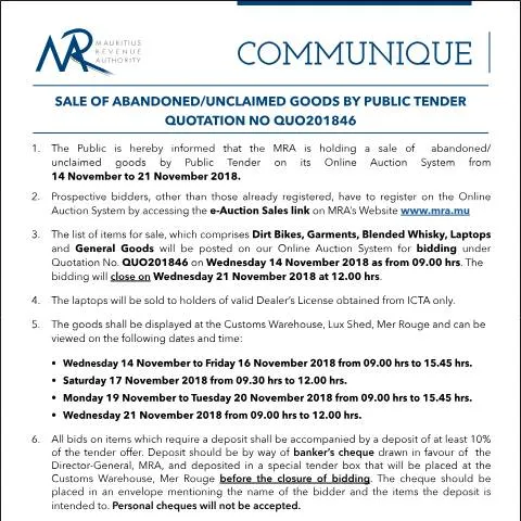 Document preview: Your Guide to Bidding on Abandoned Goods in Mauritius — Government & admin (Communique46of2018)