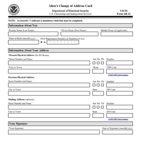 Document preview: Navigating USCIS Form AR-11 for Address Updates — Immigration & visas (CERFA n°AR-11)