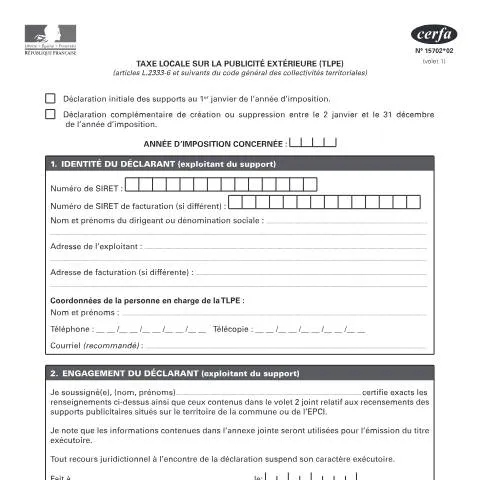 Aperçu du document Comment déclarer ses supports publicitaires avec le formulaire 15702*2 — Démarches administratives (CERFA n°15702*2)