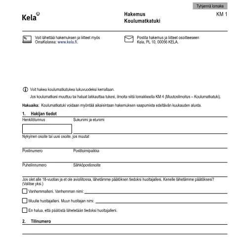 Document preview: Koulumatkatuki - Tuki Opiskelijoille Matkakustannuksiin — Hallinnolliset asiat (CERFA n°Kela KM 1)