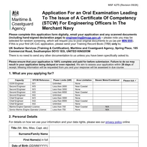 Document preview: Applying for a UK STCW Certificate of Competency for Engineering — Government & admin (MSF 4275)