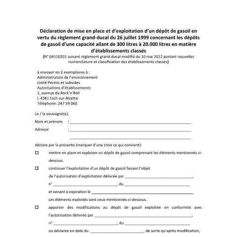 Aperçu du document Déclaration de mise en place et d’exploitation d’un dépôt de gasoil au — Démarches administratives (CERFA n°declaration-reservoir-gasoil)