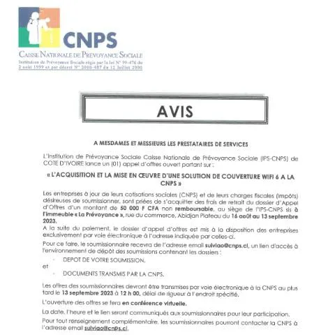 Aperçu du document Opportunité d'Appel d'Offre pour WiFi 6 à la CNPS — Démarches administratives