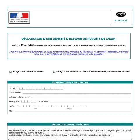 Aperçu du document Comment déclarer sa densité d'élevage de poulets de chair — Démarches administratives (CERFA n°14148*02)