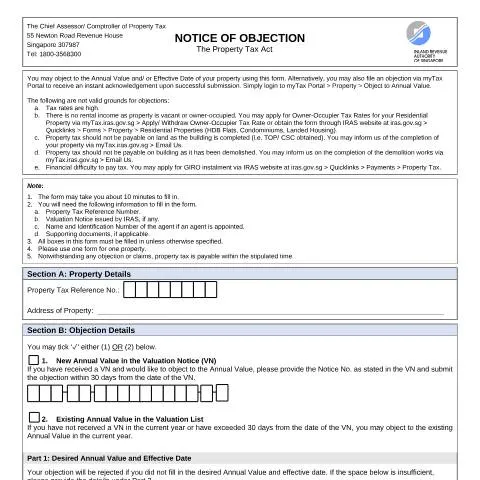 Document preview: Understanding IRAS Notice of Objection for Singapore Property Owners — Property & real estate (CERFA n°NOTICE-OF-OBJECTION-FORM_2-AUG-2024)