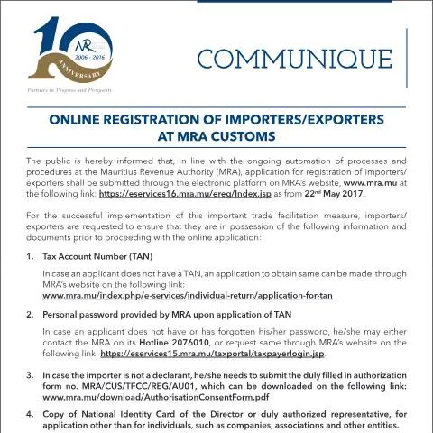 Document preview: Online Registration Process for Importers and Exporters at MRA Customs — Government & admin (CommuniqueOnlineRegistration)