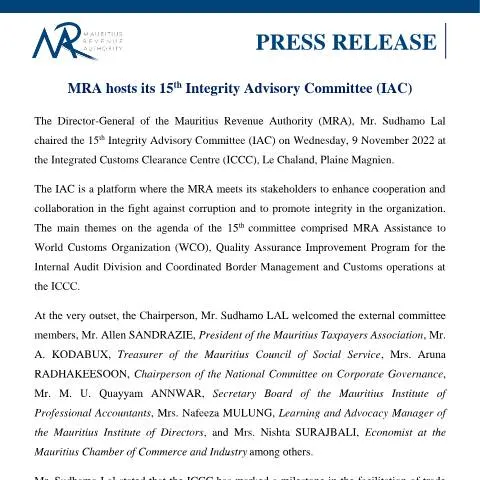 Document preview: Insights from the 15th Integrity Advisory Committee Meeting — Government & admin (PressReleaseIAC181122)