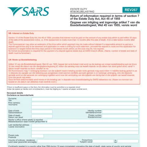 Document preview: South Africa REV267 Estate Duty Information Return — Government & admin (CERFA n°REV267)
