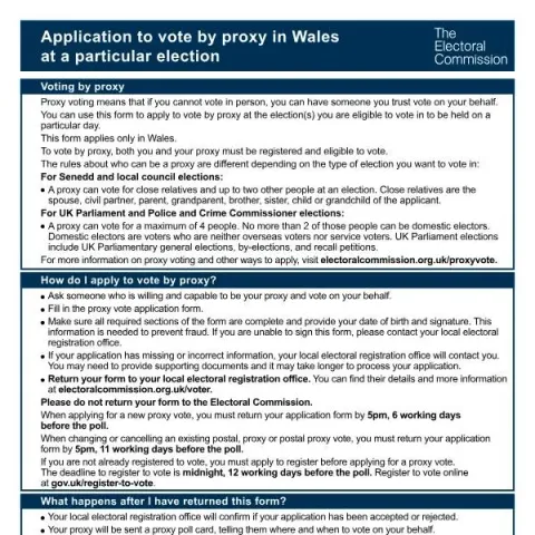 Document preview: Guide to Proxy Voting Application in Wales — Government & admin (PR-PAR-W)