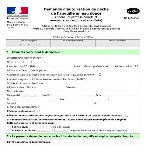 Aperçu du document Autorisation de pêche professionnelle de l'anguille : démarches — Démarches administratives (CERFA n°14346*01)