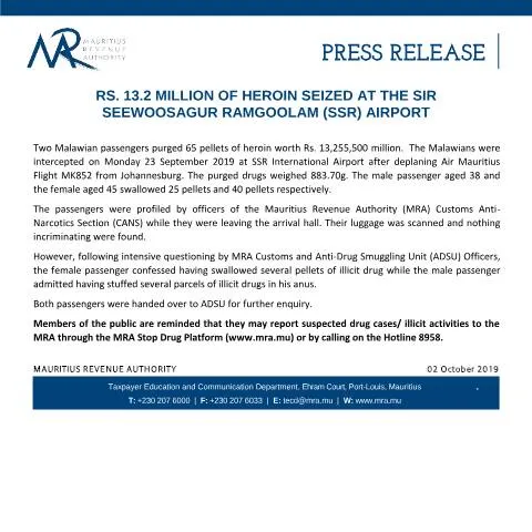 Document preview: Major Drug Bust at SSR Airport: Heroin Worth Rs. 13.2 Million Seized — Government & admin (CERFA n°PressRelease021019)