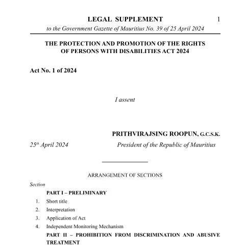 Document preview: Understanding the 2024 Mauritius Disabilities Rights Act — Legal & justice (CERFA n°PROTECTION-AND-PROMOTION-OF-THE-RIGHTS-OF-PERSONS-WITH-DISABILITIES-ACT)