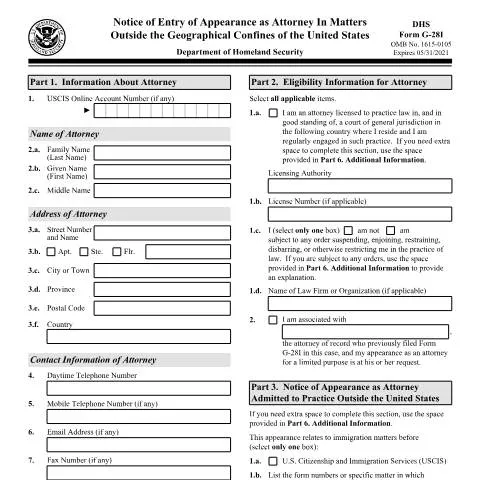 Document preview: Understanding USCIS Form G-28I for International Legal Representation — Immigration & visas (CERFA n°G-28I)