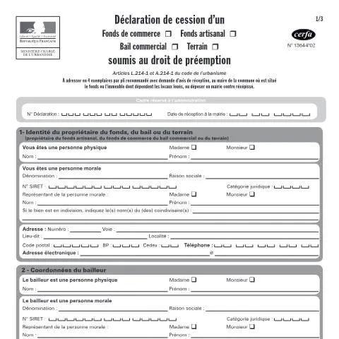 Aperçu du document Obligation déclarative en zone de préemption : guide du formulaire — Entreprise & professionnels (CERFA n°13644*02)