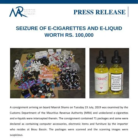 Document preview: Insight into the Rs. 100,000 E-Cigarette Seizure by MRA — Government & admin (CERFA n°SeizureOfecigarettesandeliquidworthRs100000)