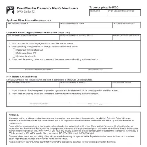 Document preview: Understanding the Parent/Guardian Consent Form for a Minor’s Driver — Vehicle & driving (MV2606A)