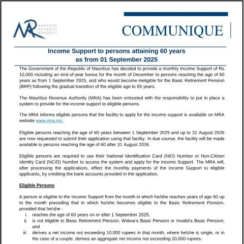 Document preview: Essential Income Support for Individuals Reaching 60 in Mauritius — Benefits & social aid (CERFA n°IncomeSupport140825)