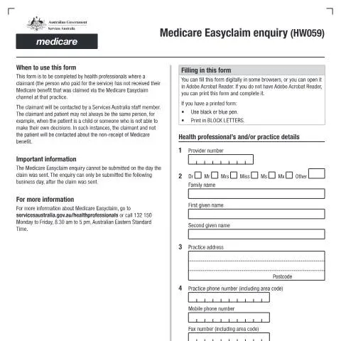 Document preview: Navigating the Medicare Easyclaim Enquiry Form HW059 — Health (CERFA n°HW059)