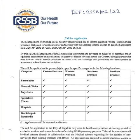 Document preview: Explore the Rwanda Call for Application for Health Service Providers — Government & admin (CERFA n°call_for_application_9f80ede627)