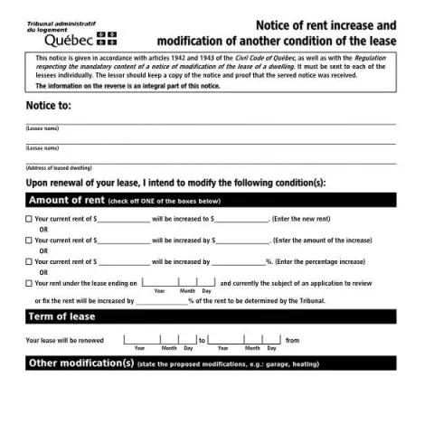 Document preview: Guide to Rent Increase and Lease Modification Notices in Quebec — Housing (TAL-806A-E)
