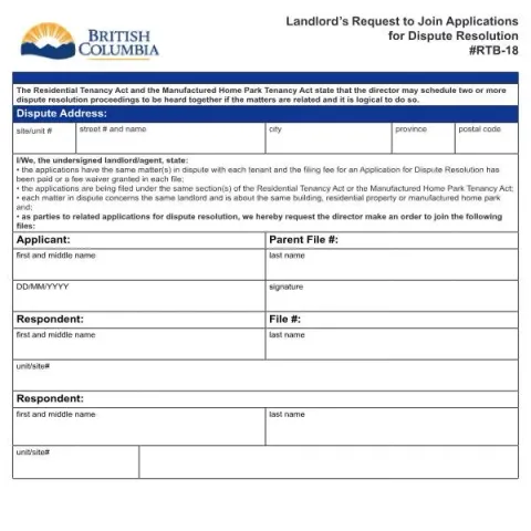 Document preview: How Landlords Can Request to Join Dispute Applications in BC — Housing (RTB-18)