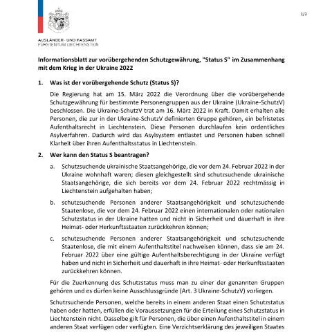 Dokumentvorschau: Wichtige Informationen zum Schutzstatus S in Liechtenstein — Behörden & Verwaltung (CERFA n°20260327_infoblatt-status-s-fuer-homepage-de)