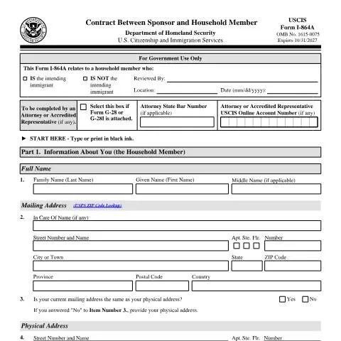 Document preview: Navigating USCIS Form I-864A: Essential Insights for Sponsors — Immigration & visas (CERFA n°I-864A)