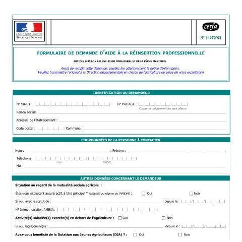 Aperçu du document Reconversion professionnelle agricole : le dispositif d'accompagnement — Emploi & travail (CERFA n°14070*03)