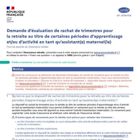 Aperçu du document Évaluation du rachat de périodes d'apprentissage et d'assistance — Retraite & pension (CERFA n°15395*02)