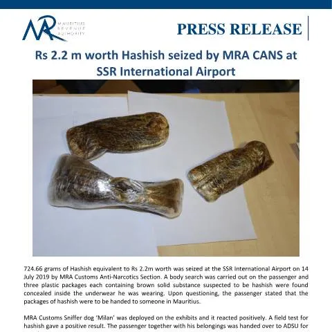 Document preview: MRA's Significant Hashish Seizure at SSR International Airport — Government & admin (PressRelease170719)