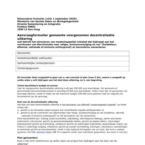 Documentvoorvertoning: Cruciaal aanvraagformulier voor gemeenten tegen discriminatie — Overheid & administratie