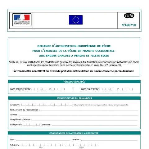 Aperçu du document Autorisation européenne de pêche sole Manche Ouest : guide complet — Démarches administratives (CERFA n°14847*05)