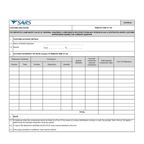 Document preview: Understanding the DA 199 25 Form for Imported Component Rebate — Customs & trade (CERFA n°DA 199 25)