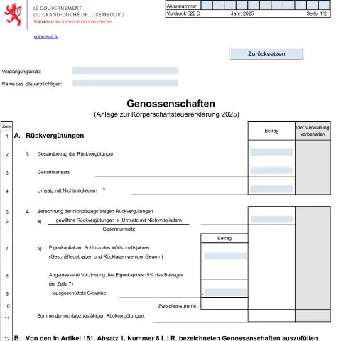 Aperçu du document Comprendre le formulaire 520 D pour les coopératives au Luxembourg — Démarches administratives (CERFA n°520 D)