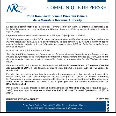 Document preview: Leadership Change at Mauritius Revenue Authority — Government & admin (Communique100725)