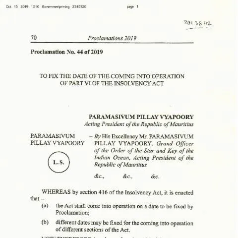 Document preview: Overview of Proclamation No. 44 of 2019 - Mauritius Insolvency Act — Legal & justice (CERFA n°Proclamation-No-44-of-2019-Part-VI-of-Insolvency-Act)