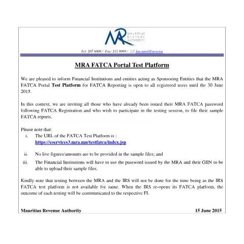 Document preview: Understanding the MRA FATCA Portal Test Platform — Government & admin (FATCATest150615)