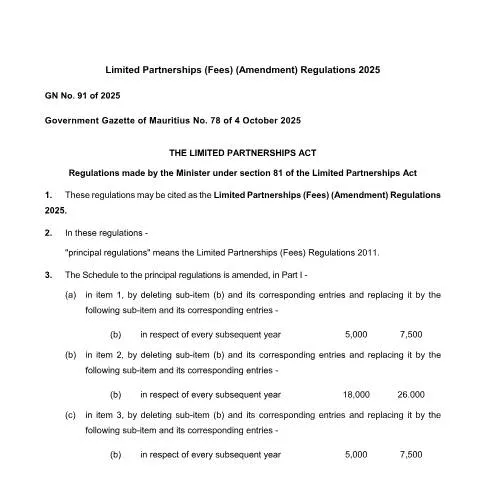 Document preview: Mauritius No-91 Limited Partnerships Fees Amendment Regulations 2025 — Government & admin (no-91-limited-partnerships-fees-amendment-regulations-2025)